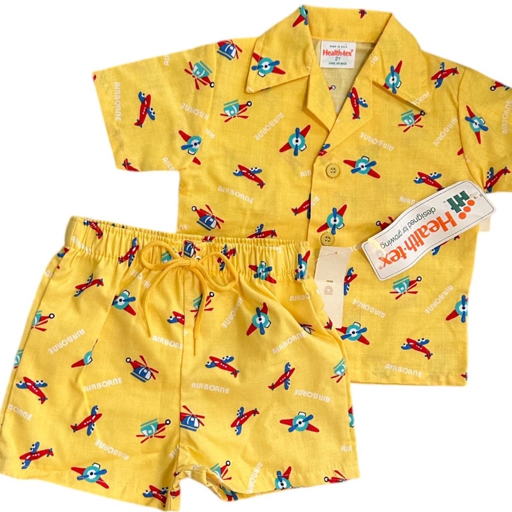 NEW Vintage Healthtex Toddler Yellow Airplane Outfit Set Button Down & Shorts - Picture 7 of 16